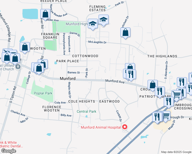 map of restaurants, bars, coffee shops, grocery stores, and more near 757 Munford Avenue in Munford
