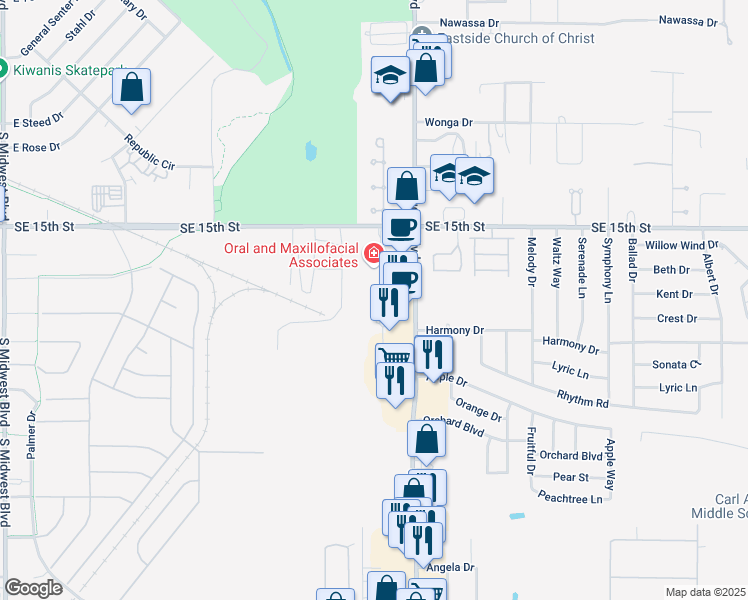 map of restaurants, bars, coffee shops, grocery stores, and more near 1909 South Douglas Boulevard in Midwest City