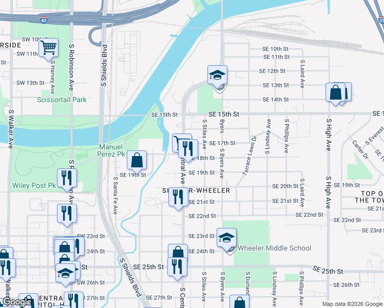 map of restaurants, bars, coffee shops, grocery stores, and more near 314 Southeast 18th Street in Oklahoma City