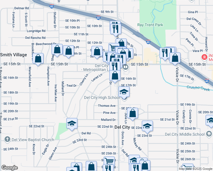 map of restaurants, bars, coffee shops, grocery stores, and more near 1913 Karen Drive in Del City