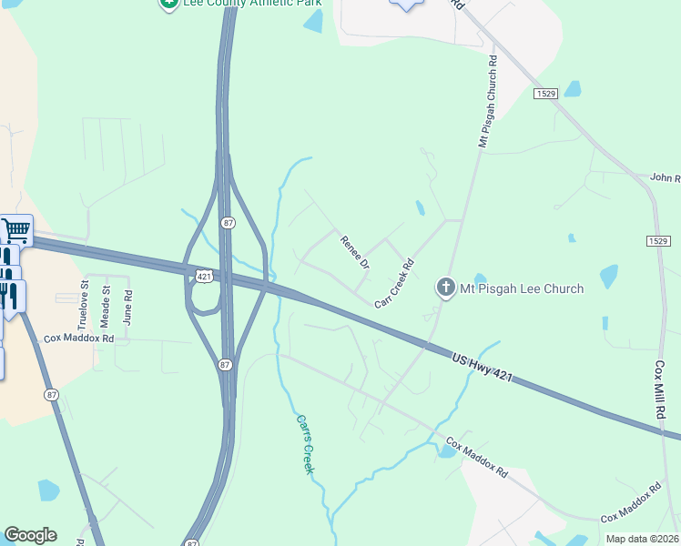 map of restaurants, bars, coffee shops, grocery stores, and more near 1720 Carr Creek Road in Sanford