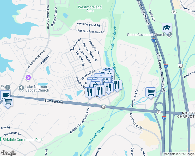 map of restaurants, bars, coffee shops, grocery stores, and more near 8630 Lindholm Drive in Huntersville