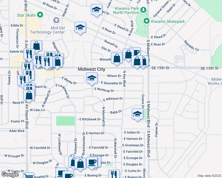 map of restaurants, bars, coffee shops, grocery stores, and more near 411 East Atkinson Drive in Midwest City