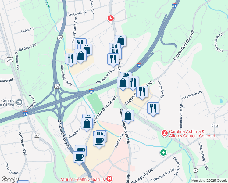 map of restaurants, bars, coffee shops, grocery stores, and more near 309 Country Club Drive Northeast in Concord