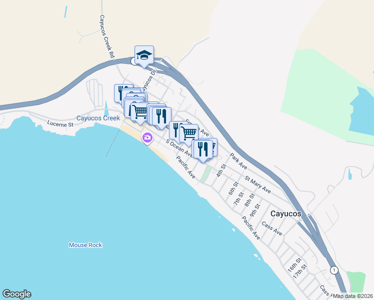 map of restaurants, bars, coffee shops, grocery stores, and more near 71 North Ocean Avenue in Cayucos