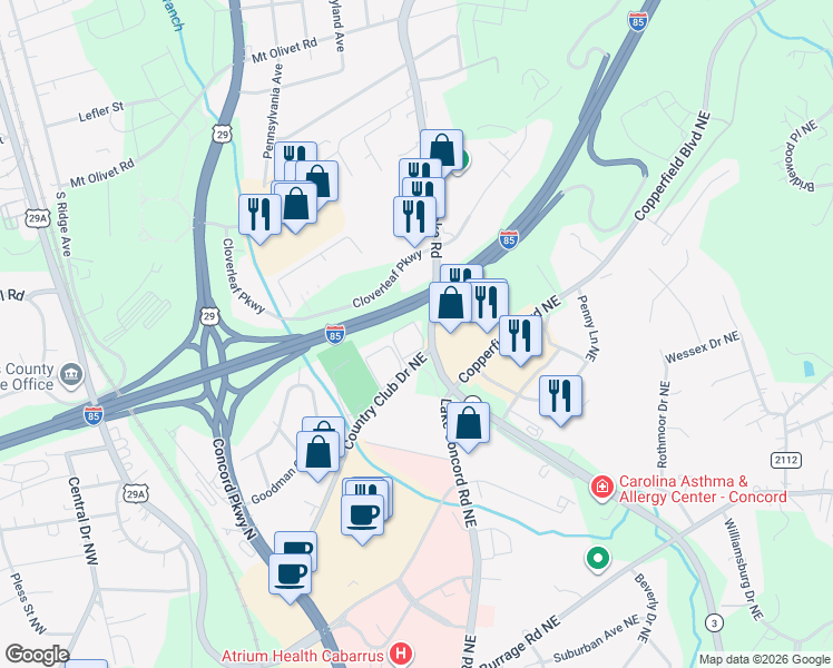 map of restaurants, bars, coffee shops, grocery stores, and more near 309 Country Club Drive Northeast in Concord