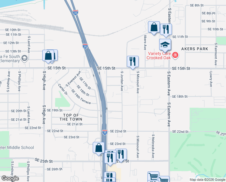 map of restaurants, bars, coffee shops, grocery stores, and more near 1902 South I- 35 Service Road in Oklahoma City