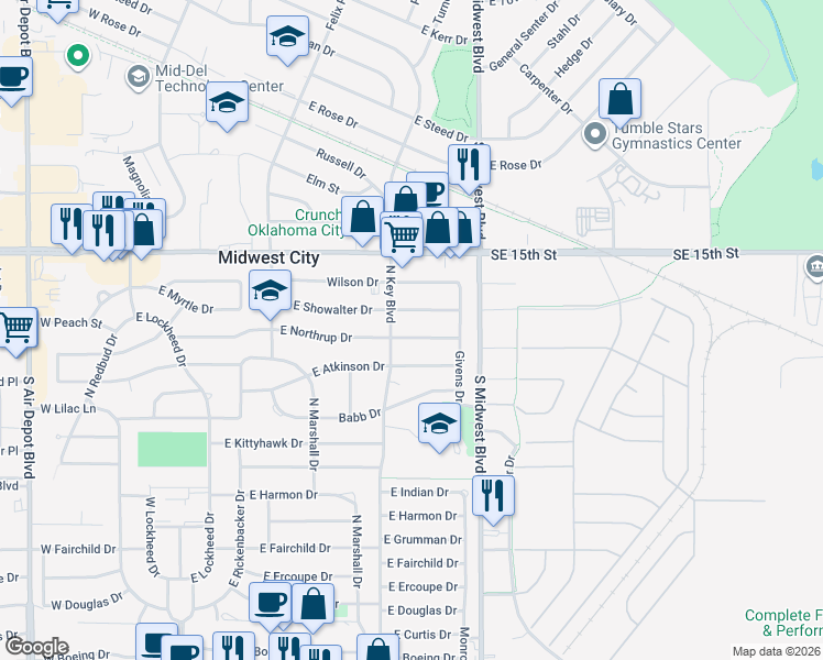 map of restaurants, bars, coffee shops, grocery stores, and more near 529 East Atkinson Drive in Midwest City