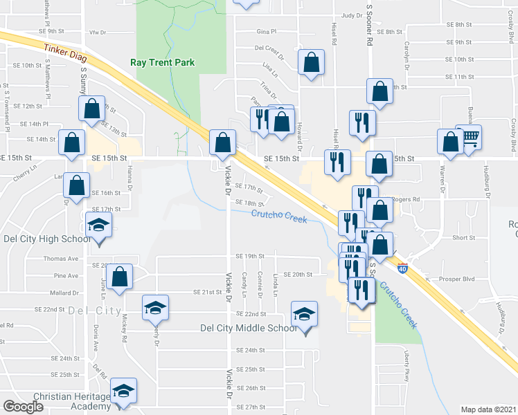 map of restaurants, bars, coffee shops, grocery stores, and more near 4736 Southeast 18th Street in Del City