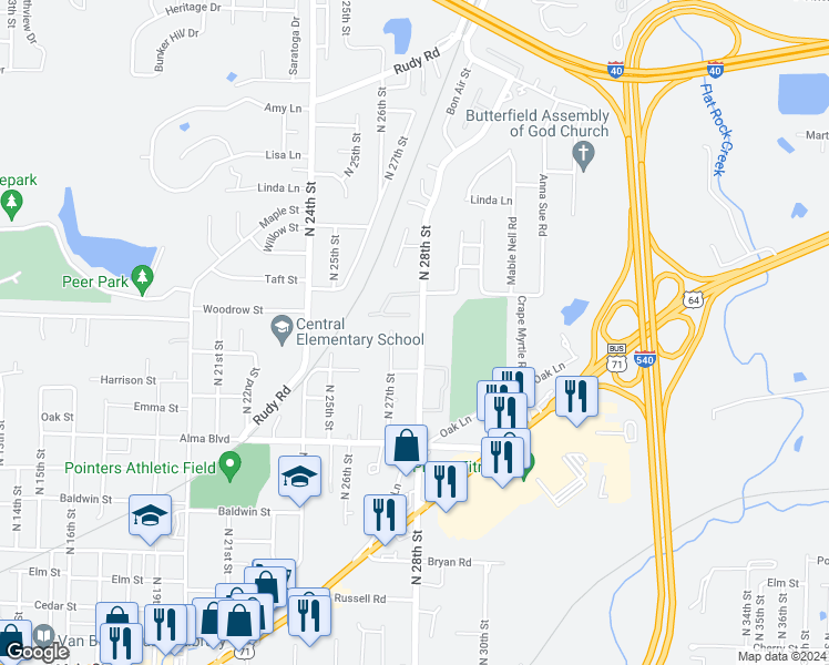 map of restaurants, bars, coffee shops, grocery stores, and more near 907 North 28th Street in Van Buren