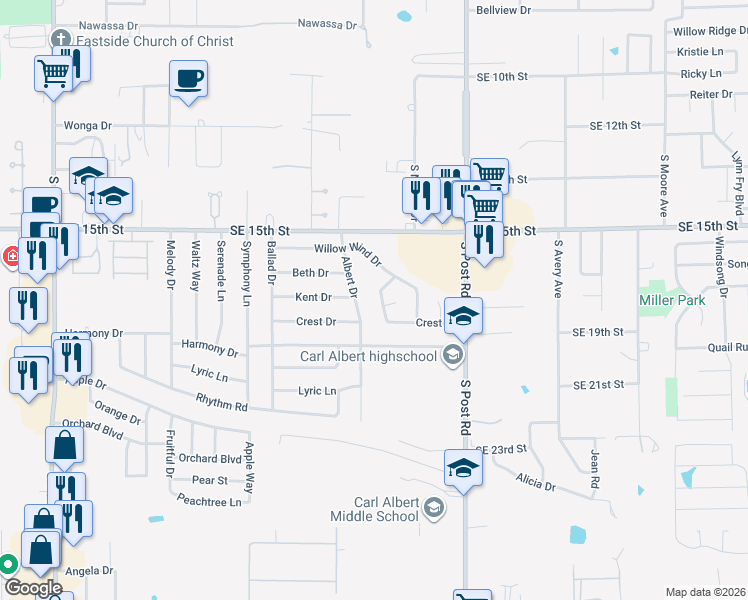 map of restaurants, bars, coffee shops, grocery stores, and more near 1732 Albert Drive in Midwest City