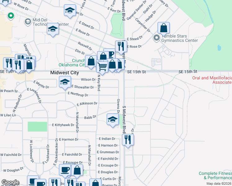 map of restaurants, bars, coffee shops, grocery stores, and more near 1238 Givens Drive in Midwest City