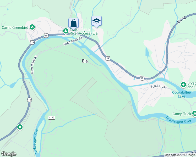 map of restaurants, bars, coffee shops, grocery stores, and more near 880 Ela Lane in Bryson City