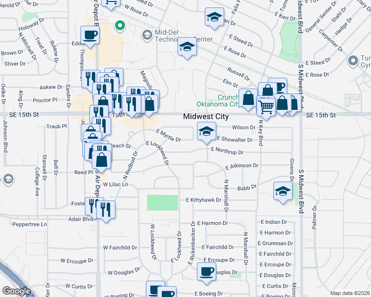 map of restaurants, bars, coffee shops, grocery stores, and more near 123 East Marshall Drive in Midwest City
