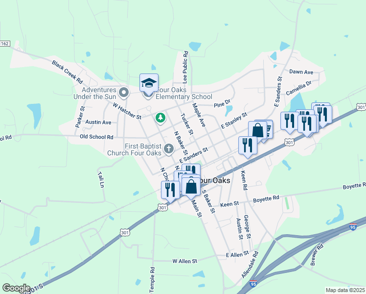 map of restaurants, bars, coffee shops, grocery stores, and more near North Baker Street in Four Oaks
