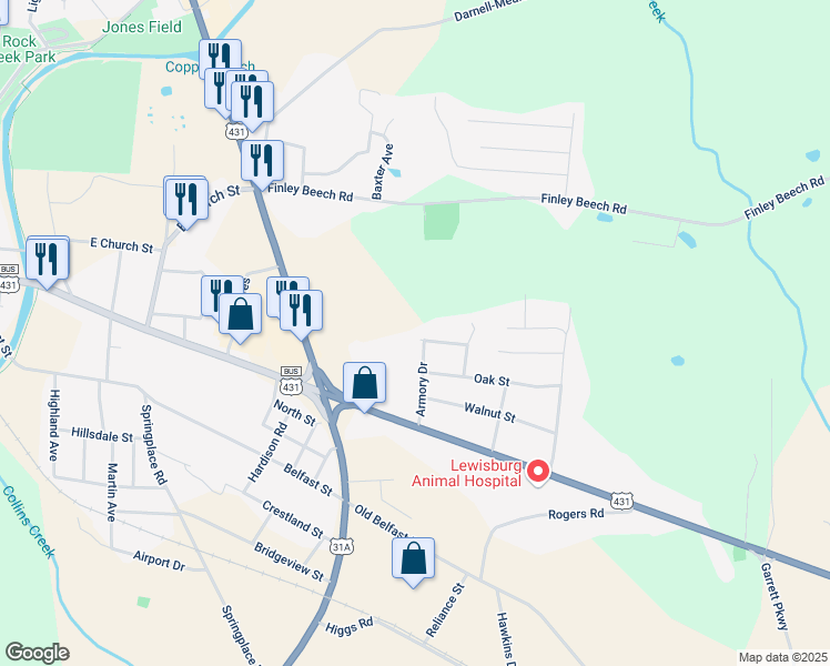 map of restaurants, bars, coffee shops, grocery stores, and more near 909 Battery Drive in Lewisburg