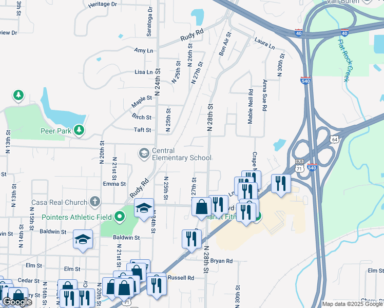 map of restaurants, bars, coffee shops, grocery stores, and more near 933 North 27th Street in Van Buren