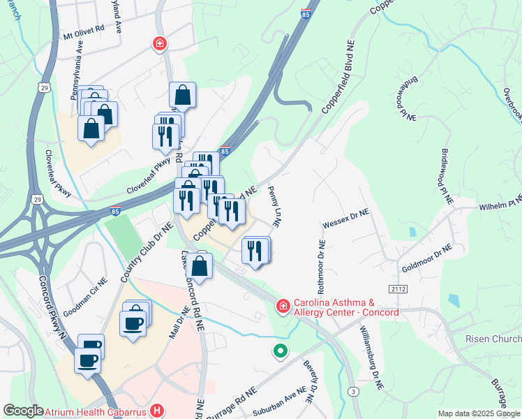 map of restaurants, bars, coffee shops, grocery stores, and more near 390 Copperfield Boulevard Northeast in Concord