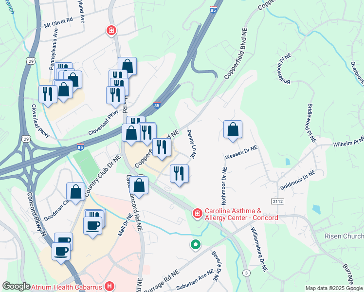 map of restaurants, bars, coffee shops, grocery stores, and more near 390 Copperfield Boulevard Northeast in Concord
