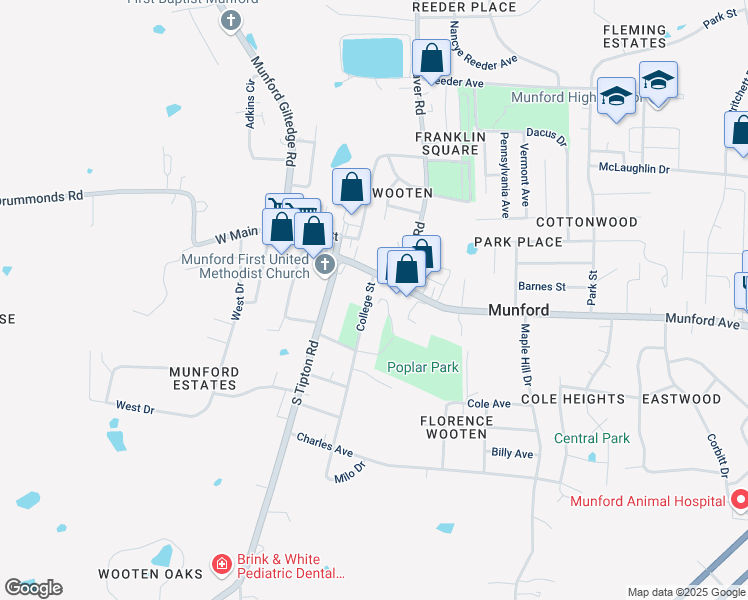 map of restaurants, bars, coffee shops, grocery stores, and more near 1397 Munford Avenue in Munford