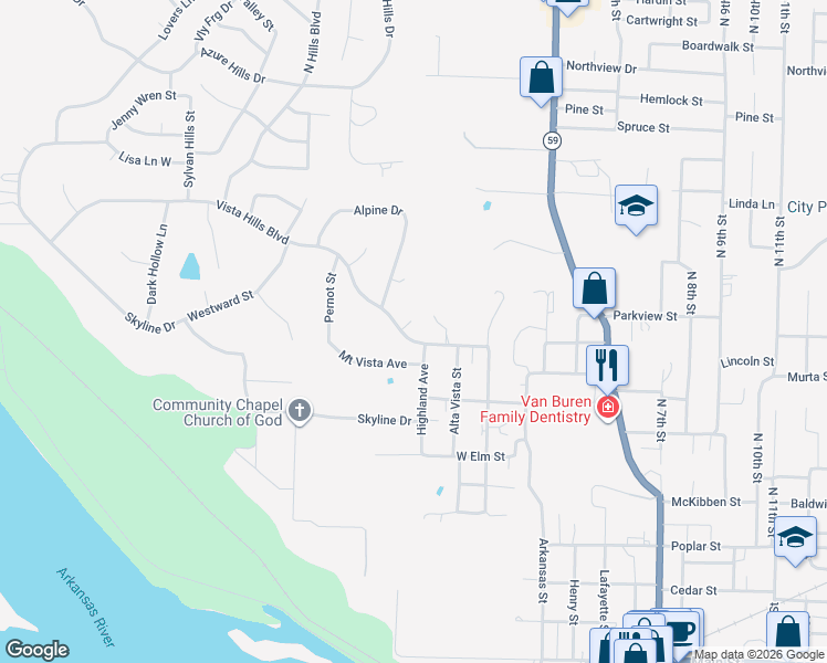 map of restaurants, bars, coffee shops, grocery stores, and more near 115 Vista Hills Boulevard in Van Buren