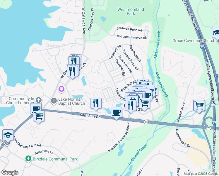 map of restaurants, bars, coffee shops, grocery stores, and more near 16806 Bridgeton Lane in Huntersville