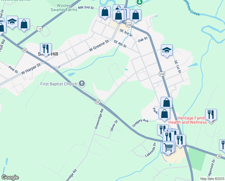 map of restaurants, bars, coffee shops, grocery stores, and more near 403 Greenridge Road in Snow Hill