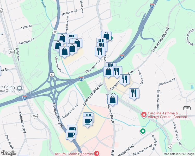 map of restaurants, bars, coffee shops, grocery stores, and more near 3396 Cloverleaf Parkway in Kannapolis