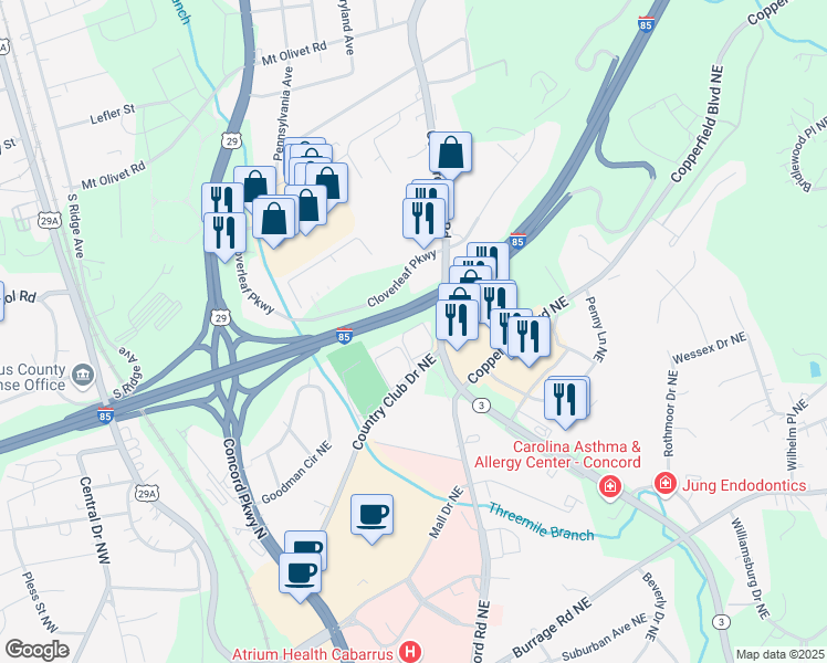 map of restaurants, bars, coffee shops, grocery stores, and more near 3396 Cloverleaf Parkway in Kannapolis