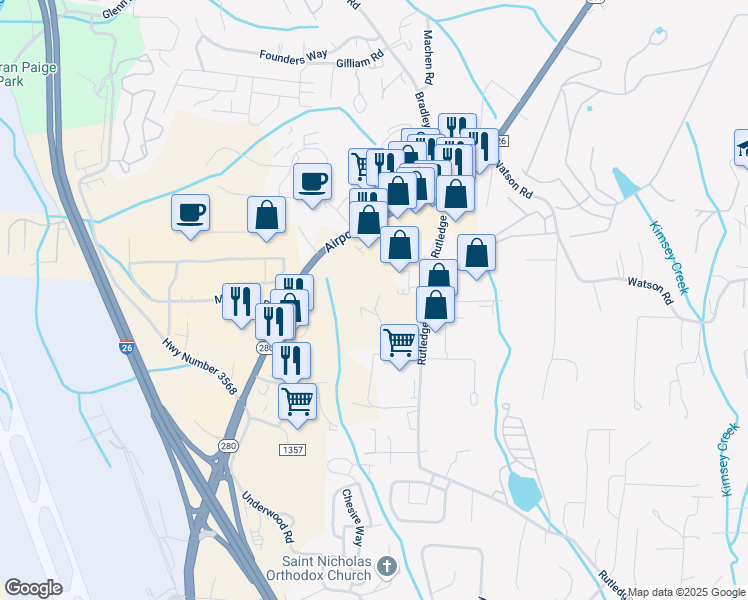 map of restaurants, bars, coffee shops, grocery stores, and more near 19 Branks Drive in Fletcher