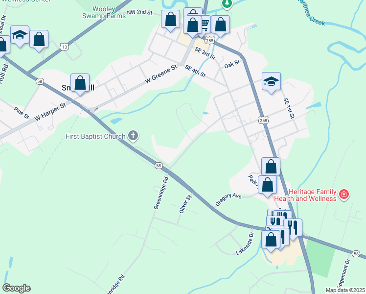 map of restaurants, bars, coffee shops, grocery stores, and more near 403 Greenridge Road in Snow Hill