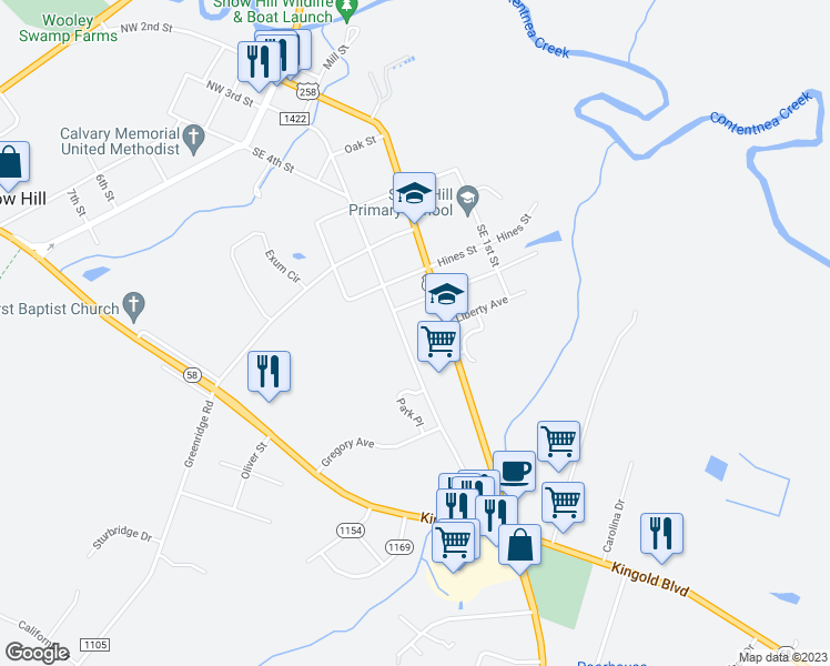 map of restaurants, bars, coffee shops, grocery stores, and more near 730 Southeast 3rd Street in Snow Hill