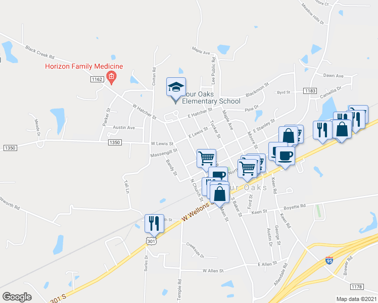 map of restaurants, bars, coffee shops, grocery stores, and more near 503 North Main Street in Four Oaks