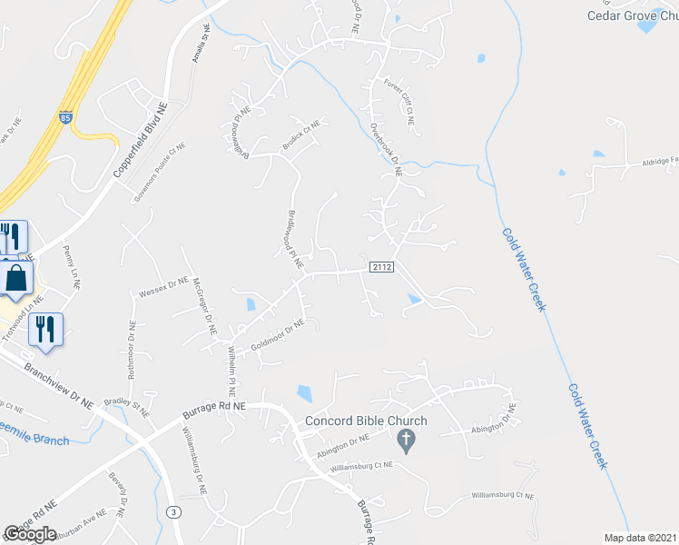map of restaurants, bars, coffee shops, grocery stores, and more near Wilhelm Place Northeast in Concord