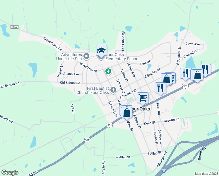 map of restaurants, bars, coffee shops, grocery stores, and more near 503 North Main Street in Four Oaks