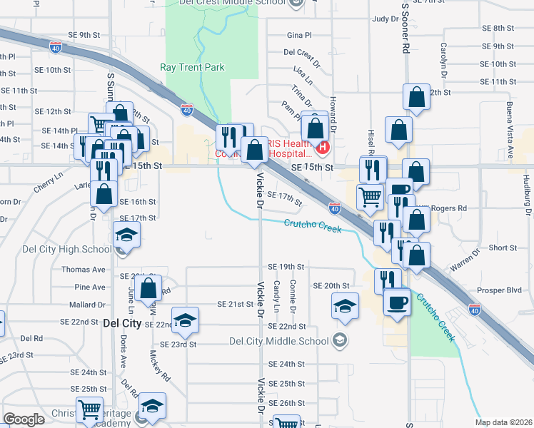 map of restaurants, bars, coffee shops, grocery stores, and more near 1701 Vickie Drive in Del City