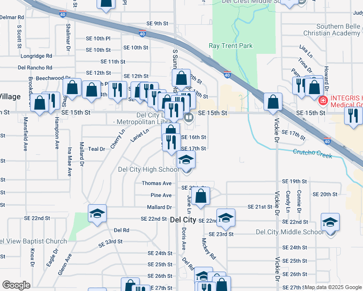 map of restaurants, bars, coffee shops, grocery stores, and more near 1713 South Sunnylane Road in Del City