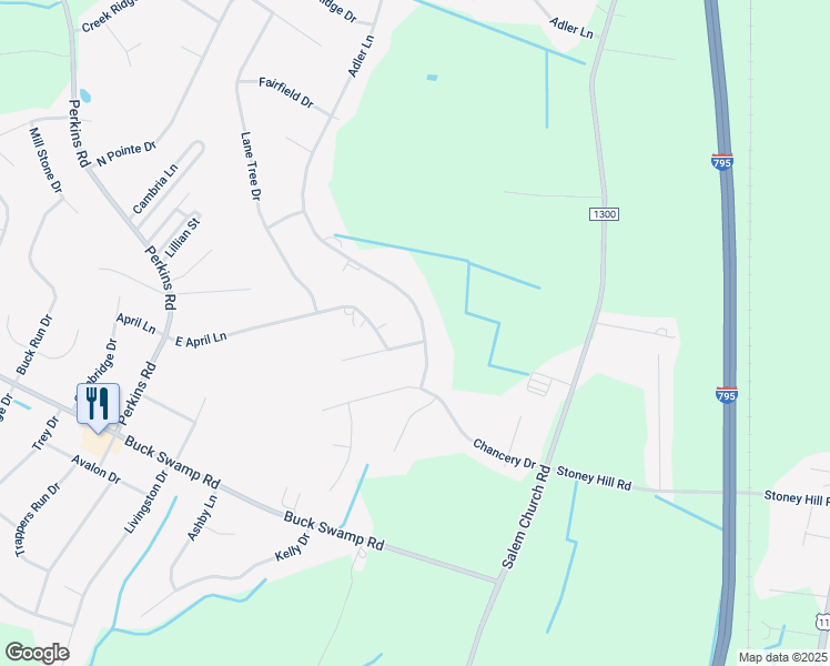 map of restaurants, bars, coffee shops, grocery stores, and more near 105 Adler Lane in Goldsboro
