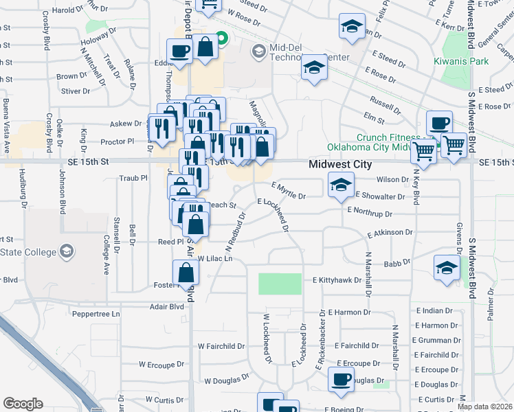 map of restaurants, bars, coffee shops, grocery stores, and more near 106 West Myrtle Drive in Midwest City