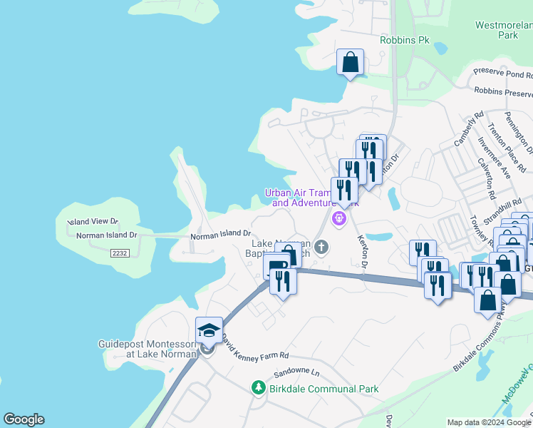 map of restaurants, bars, coffee shops, grocery stores, and more near 7425 Mariner Cove Drive in Cornelius