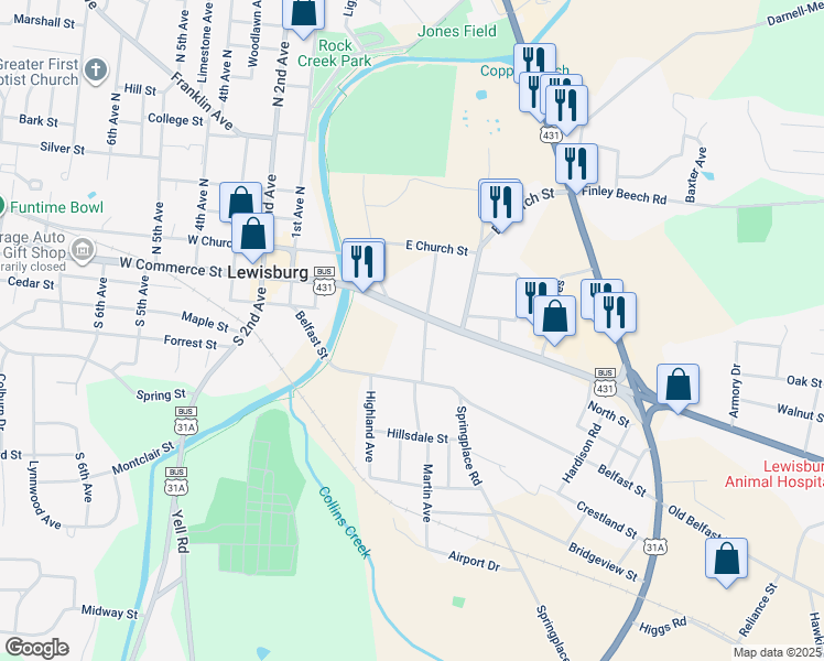 map of restaurants, bars, coffee shops, grocery stores, and more near 313 East Commerce Street in Lewisburg