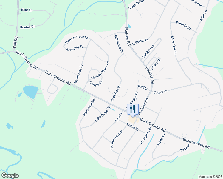 map of restaurants, bars, coffee shops, grocery stores, and more near 101 West Doe Trail in Goldsboro