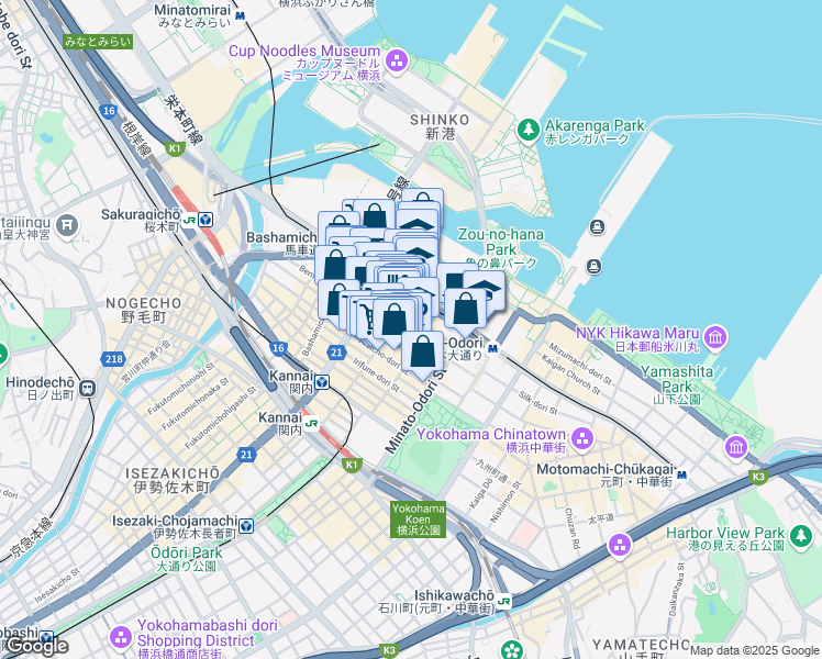 map of restaurants, bars, coffee shops, grocery stores, and more near in Yokohama