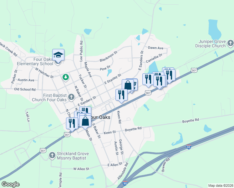 map of restaurants, bars, coffee shops, grocery stores, and more near 503 East North Railroad Street in Four Oaks