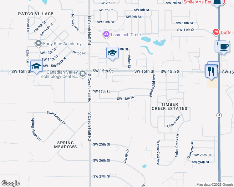 map of restaurants, bars, coffee shops, grocery stores, and more near 12016 Southwest 17th Street in Yukon