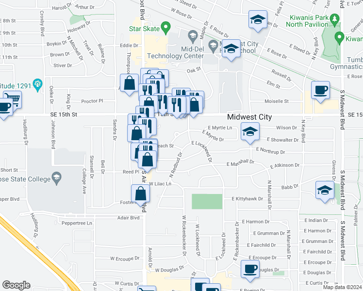 map of restaurants, bars, coffee shops, grocery stores, and more near 1110 North Redbud Drive in Midwest City