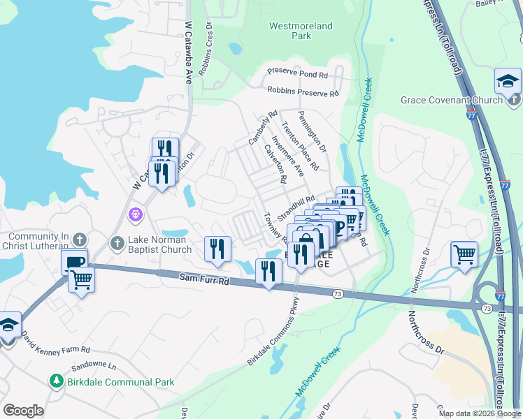 map of restaurants, bars, coffee shops, grocery stores, and more near 8230 Townley Road in Huntersville