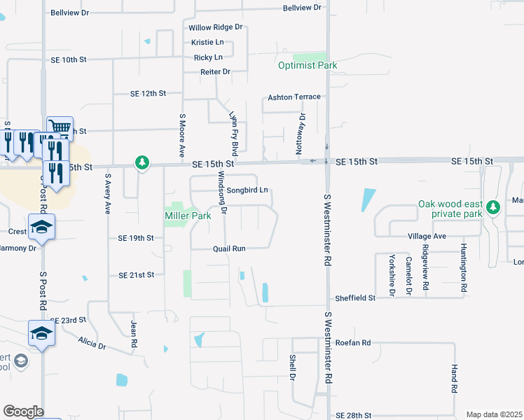 map of restaurants, bars, coffee shops, grocery stores, and more near 1705 Songbird Lane in Midwest City