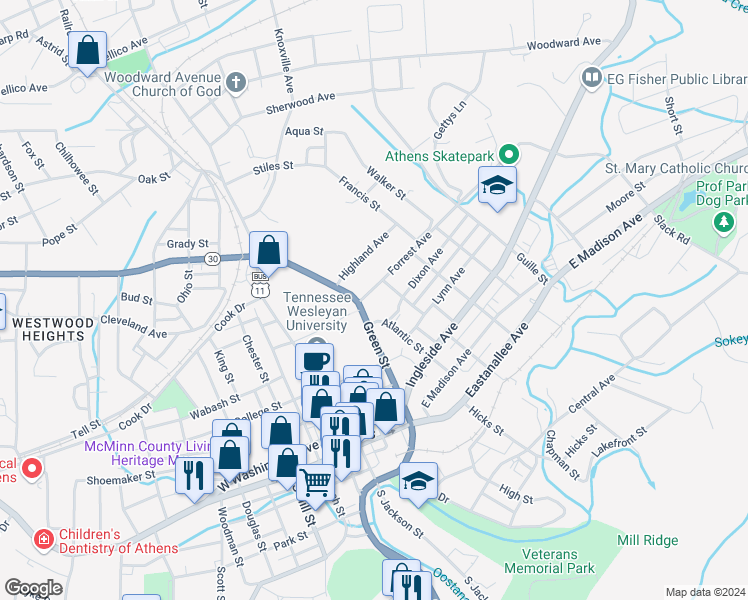 map of restaurants, bars, coffee shops, grocery stores, and more near 102 Forrest Avenue in Athens