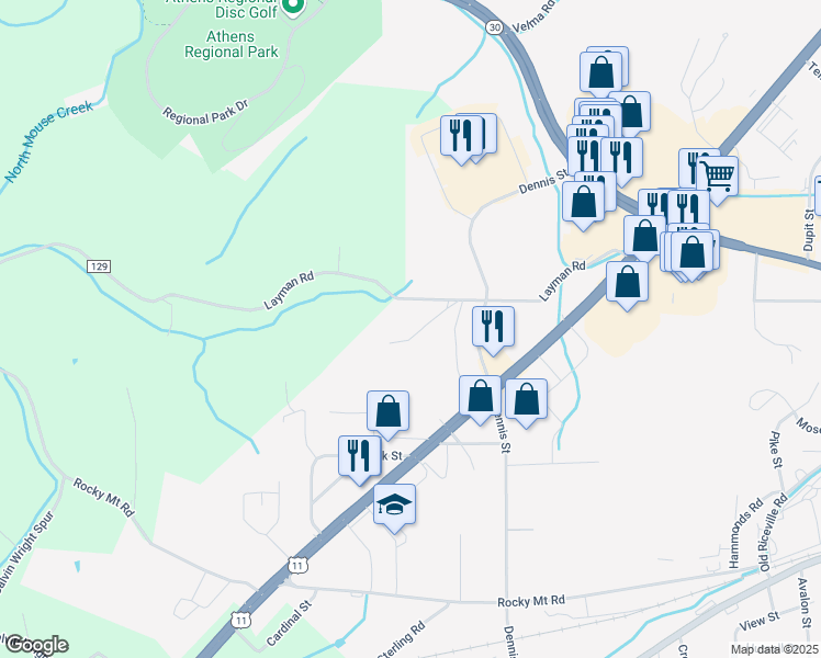 map of restaurants, bars, coffee shops, grocery stores, and more near 2009 Layman Road in Athens